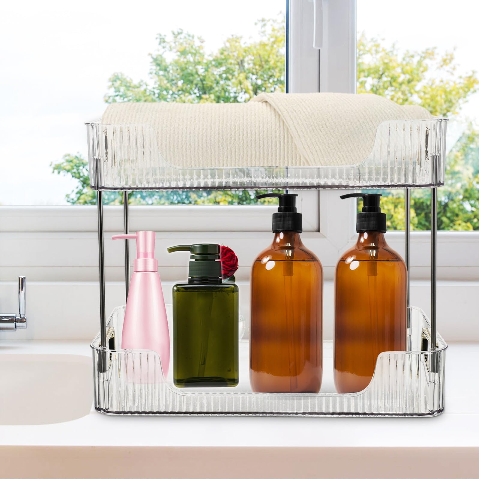 Mensola da Bagno Trasparente Organizer Vanity Multiuso per Cosmetici e Prodotti per l'Igiene Scaffale Stabile per Lavabo e Cucina Portaoggetti Versatile per Spazi Ordinati