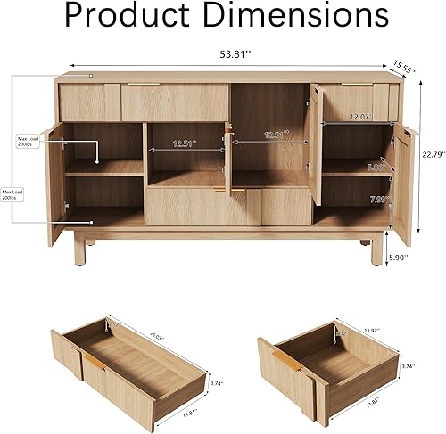Miniatura 2 de Aparador moderno con puertas geométricas 3D, armario de TV de 54 pulgadas con 4 puertas y 3 cajones, credenza de almacenamiento de buffet para sala