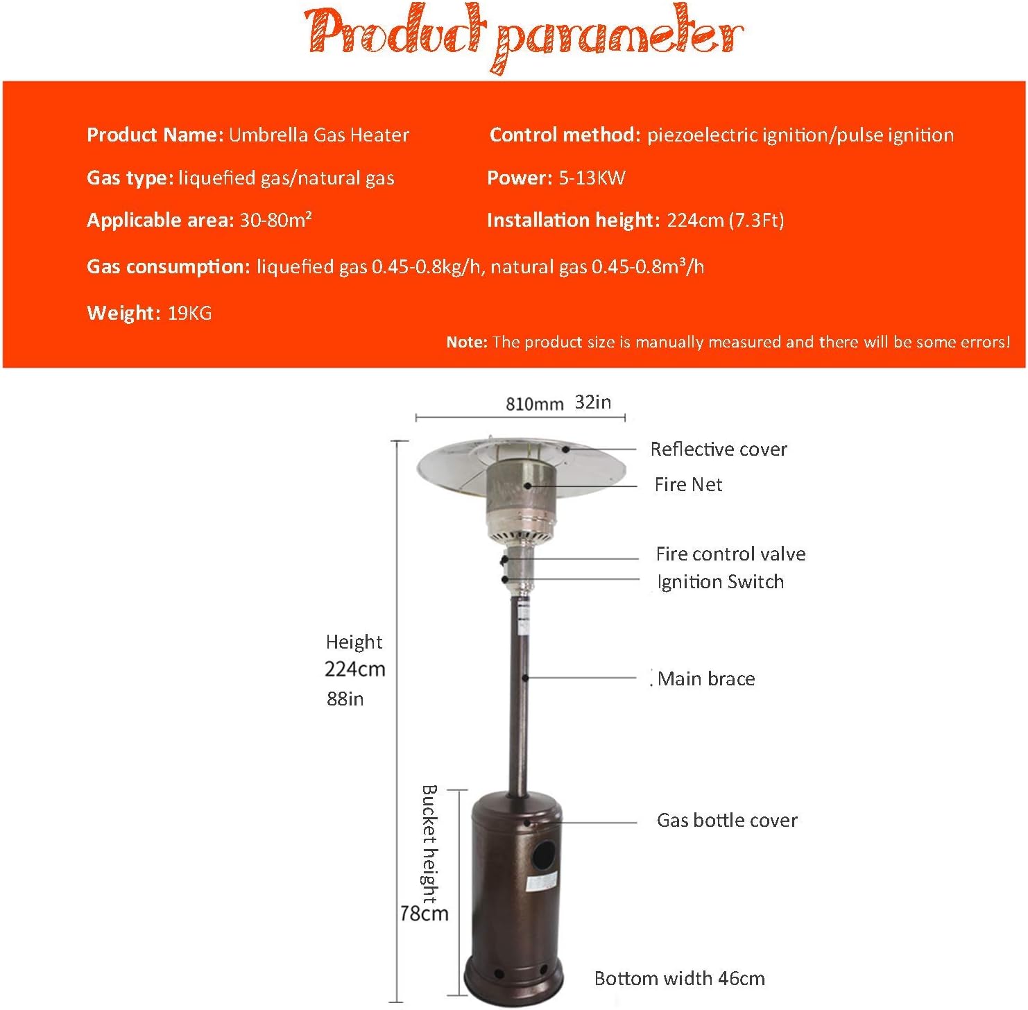 Outdoor Gas Patio Heater Heaters for Home Fast Heating Energy Efficient Safe Adjustable Temperature Radiator Dumping Protection for Garden Outside-C (natural Gas) 224cm(88in) (224cm(88in) B ())
