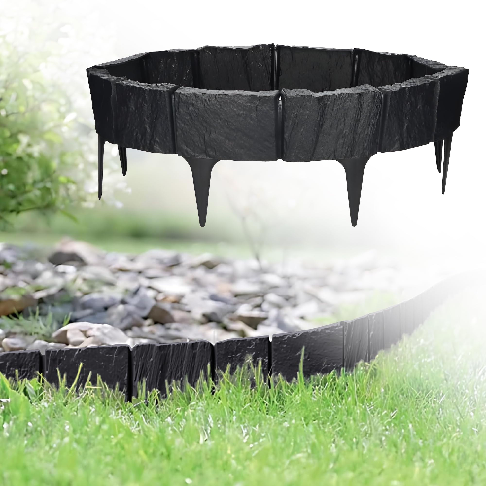GARDENIX Bordo per aiuole in plastica, effetto pietra, 3,9 m, bordo per aiuole antracite, 5 moduli, resistente ai raggi UV, palizzata da giardino, uso versatile