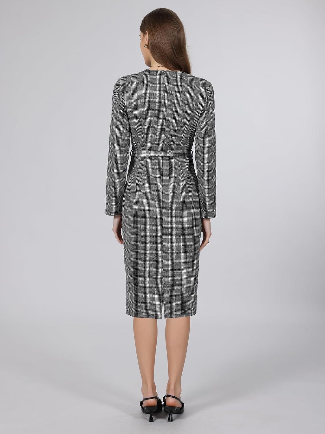 Hobemty Women's Houndstooth Plaid Dress Long Sleeve Belted Business Office Pencil Dresses