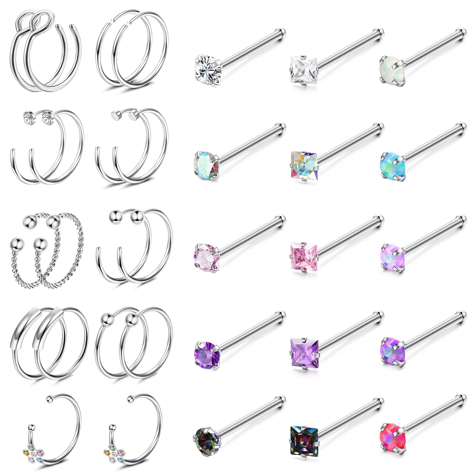 JeweBella 20G Piercing Nariz Acero Quirúrgico para Mujer Piercing Nariz Aro Ópalo Circonio Piercing Nariz Tornillo/Recto/Forma de L Piercing Nostril Septum Labret Medusa