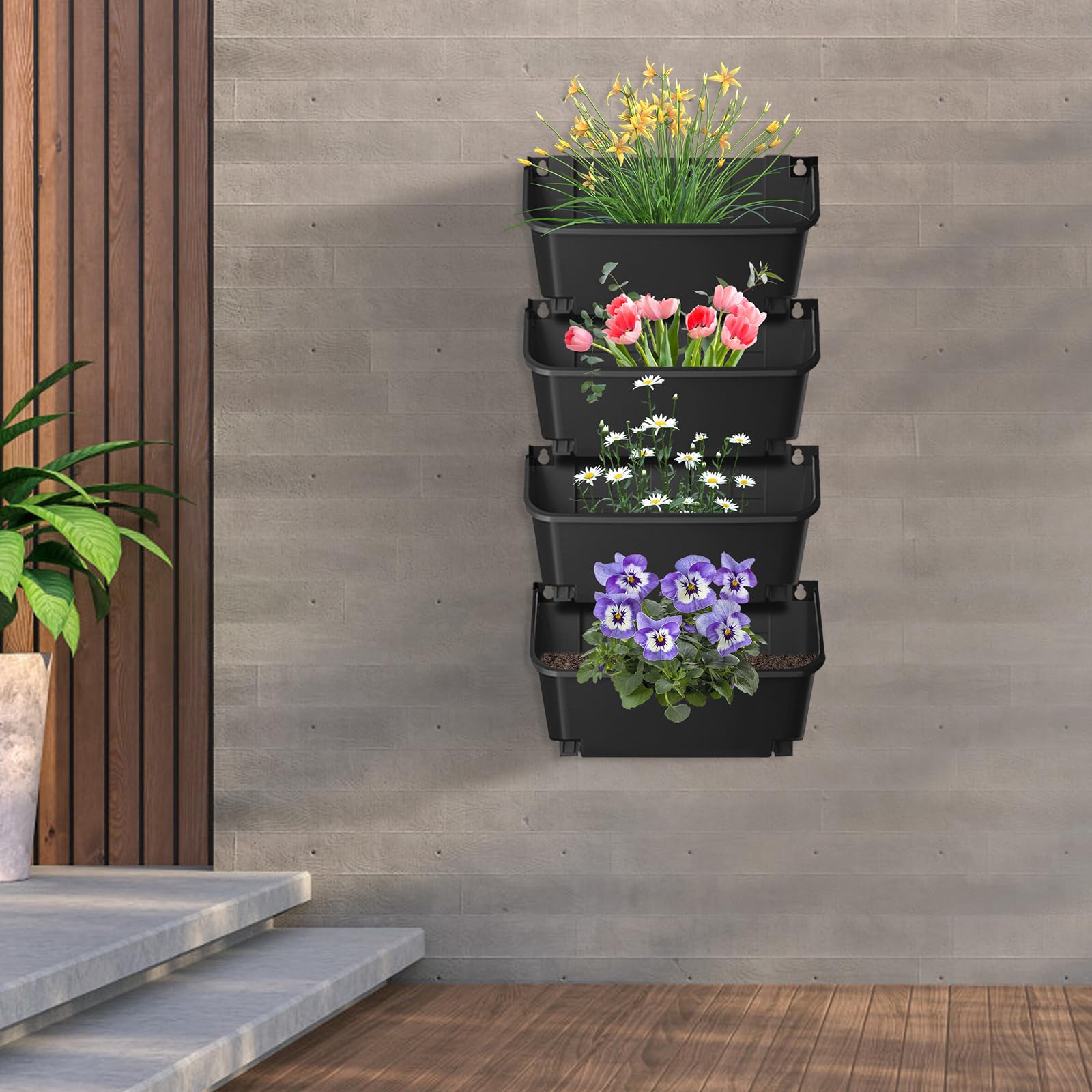 Bolsas para plantas colgantes, pared vertical para plantas de jardín con 4 jardineras, rectangulares para pared, macetas colgantes para verduras, flores, balcones, vallas, patios (negro)