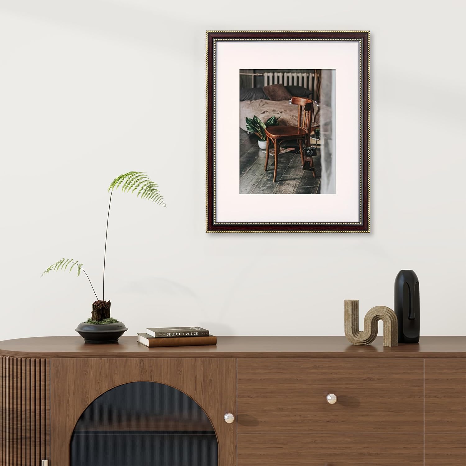 FLYJOE 16x20 Picture Frame with Mat for 11x14-16 x 20 Frame with Gold Beaded Trim - Plexiglass - Wall Mount Display Horizontally or Vertically - Hanging Hardware Included - Mahogany