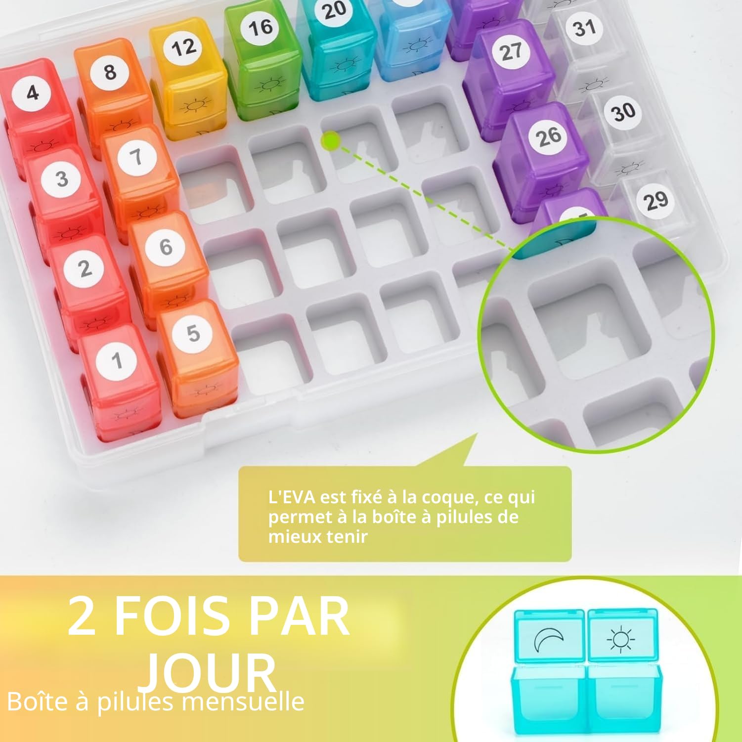 Pilulier 31 jours Matin et soir, grande boîte à médicaments mensuelle avec 2 compartiments, boîte à pilules pratique et résistante à l'humidité, facile à ouvrir pour voyage et usage quotidien