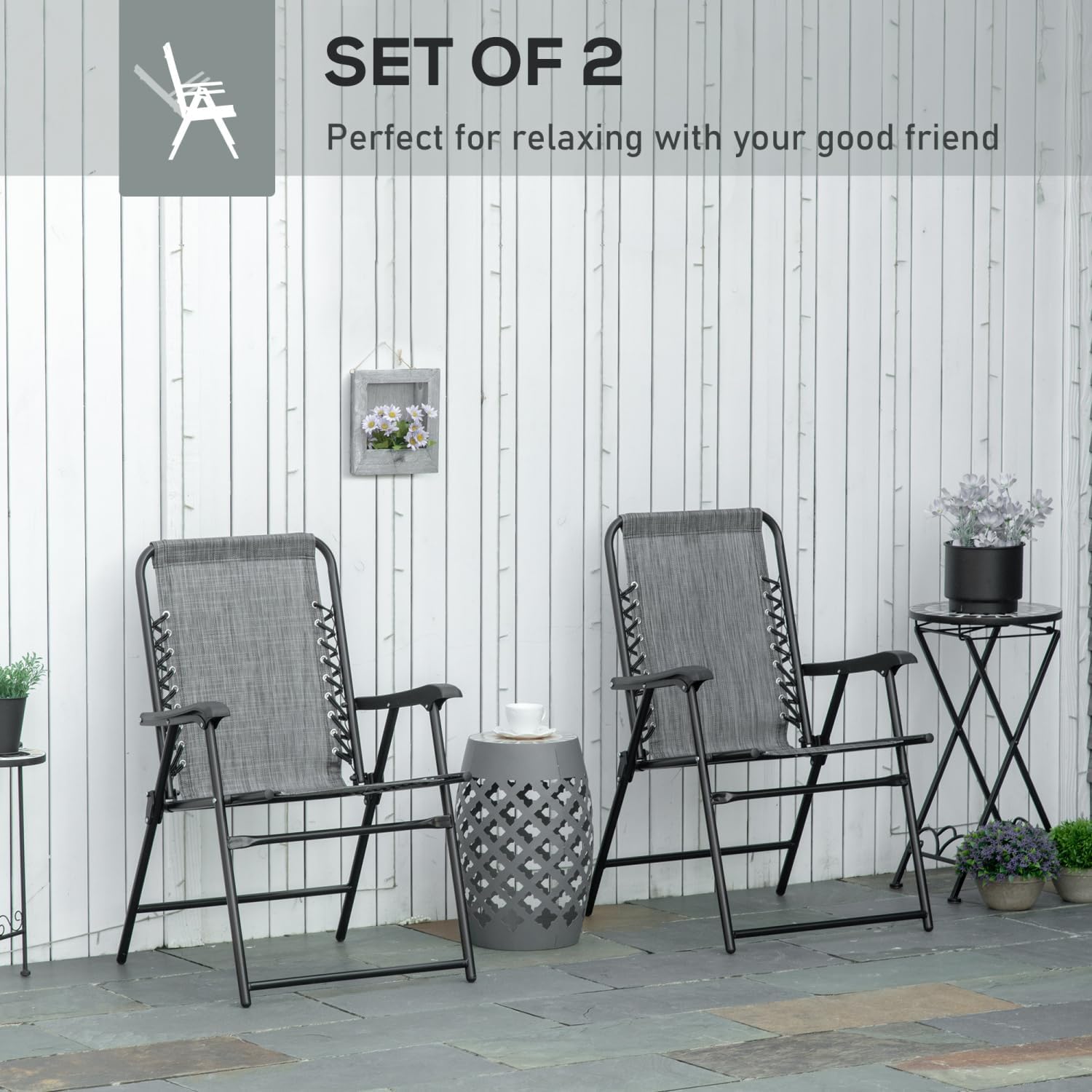 Set of 2 Patio Folding Chairs - Bungee Sling Chairs with Armrests
