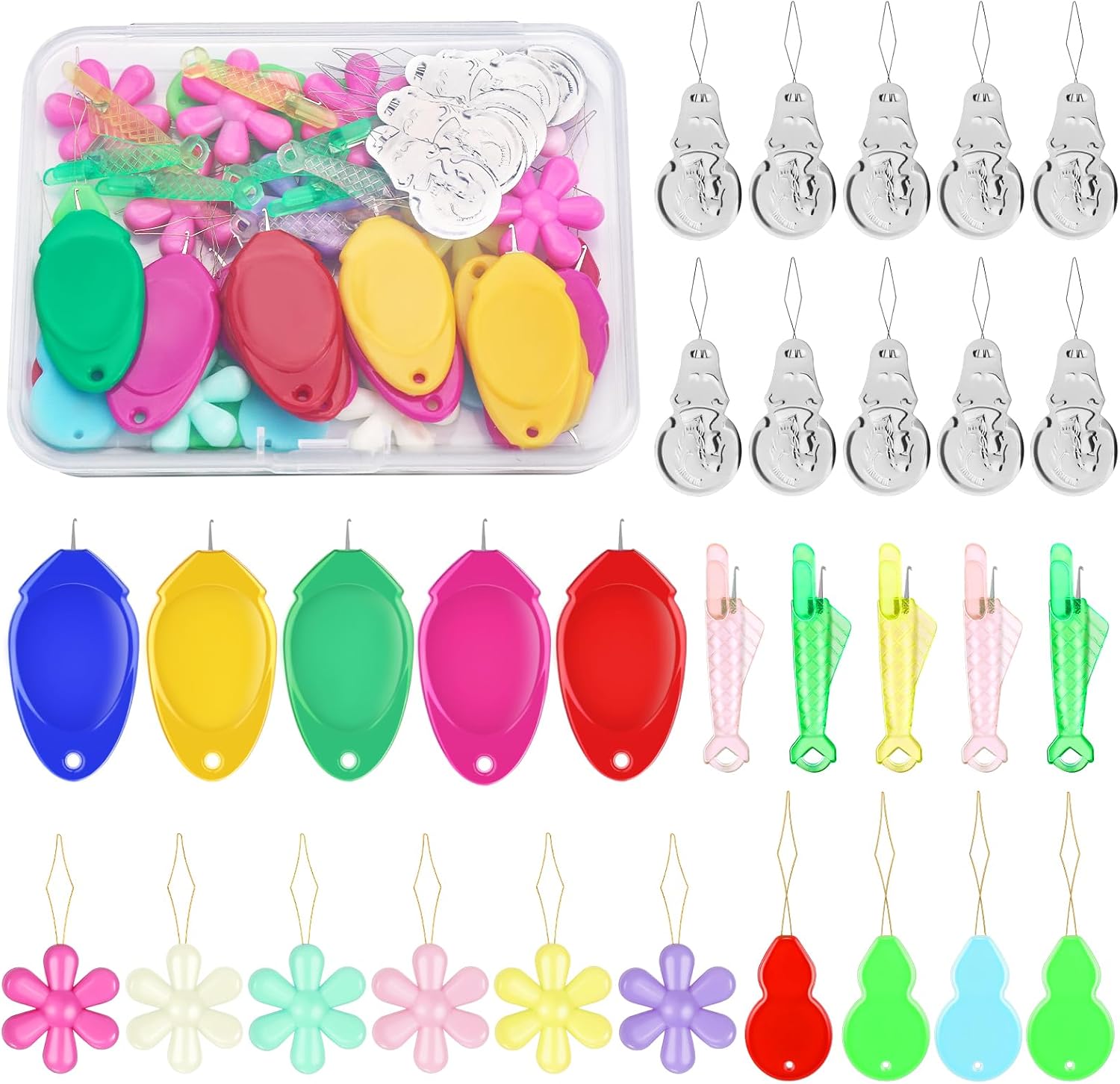 KAQRHFT Needle Threaders, 24 PCS Needle Threader Kit for Needle Work, 4 Types Simple Needle Threader Tool with Clear Storage Box for Hand Sewing, Sewing Machine, Embroidery Floss
