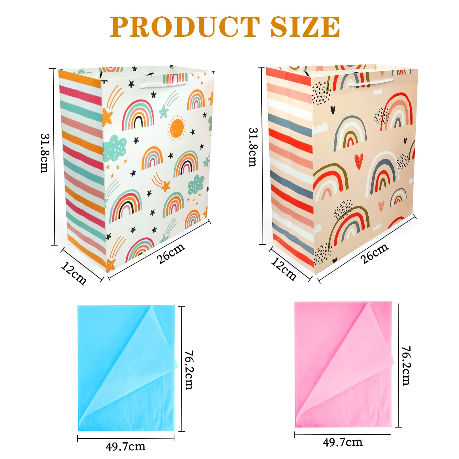 Gift Bag for Girls, Birthday Large Gift Bag Bulk Set Included 2 Pack Paper Gift Bags with Tissue Paper, Rainbow Gift Bags for Kids, Baby, The Colorful Pink Red Gift Bags with Handles, The Pretty Present Bag Gift Bags for Birthday, Party, Baby Shower...