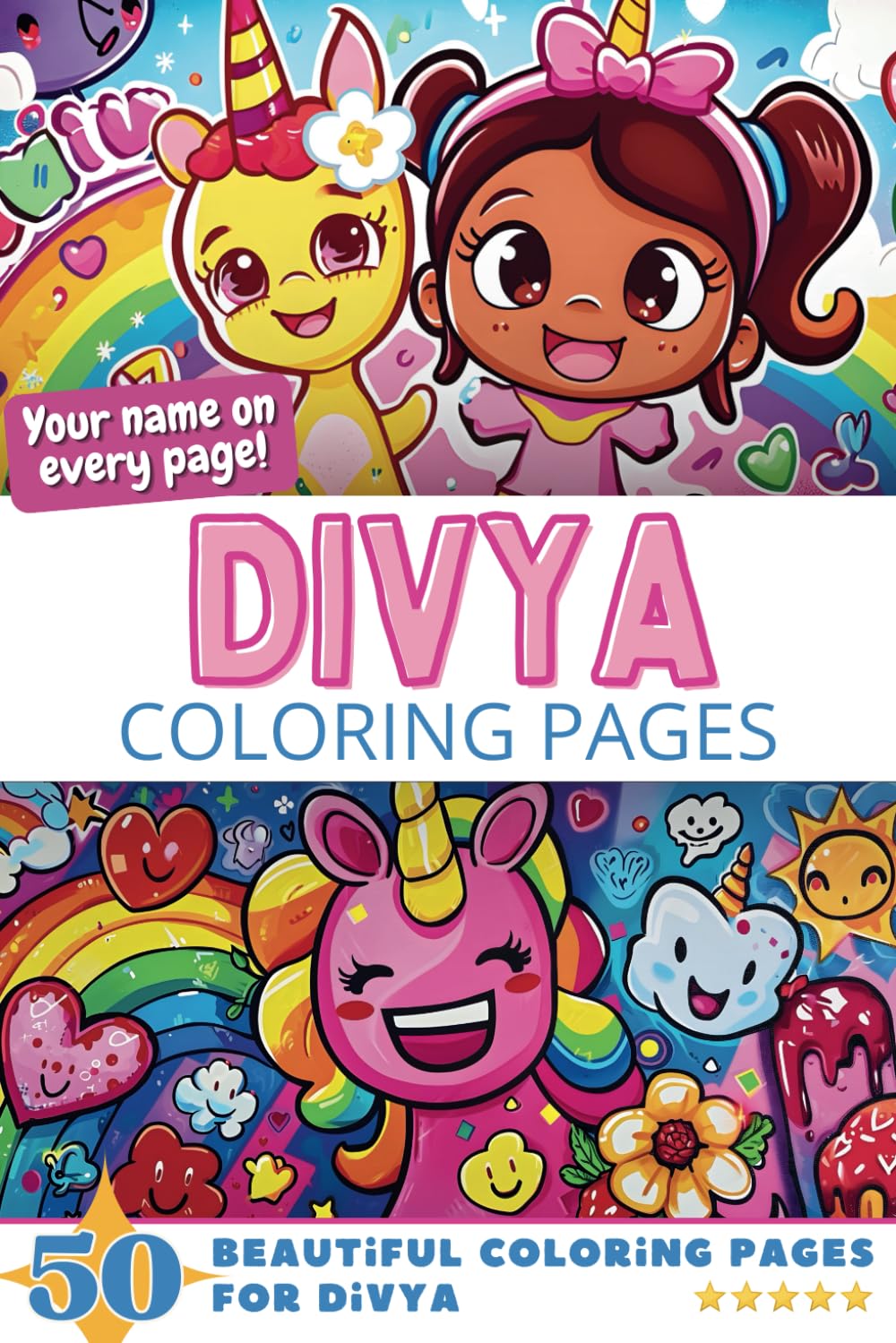 Divya Coloring Pages: Wow-Effect! Your name on every page - Divya coloring book - 6x9" - 50x Divya coloring page - Fantastic Gift