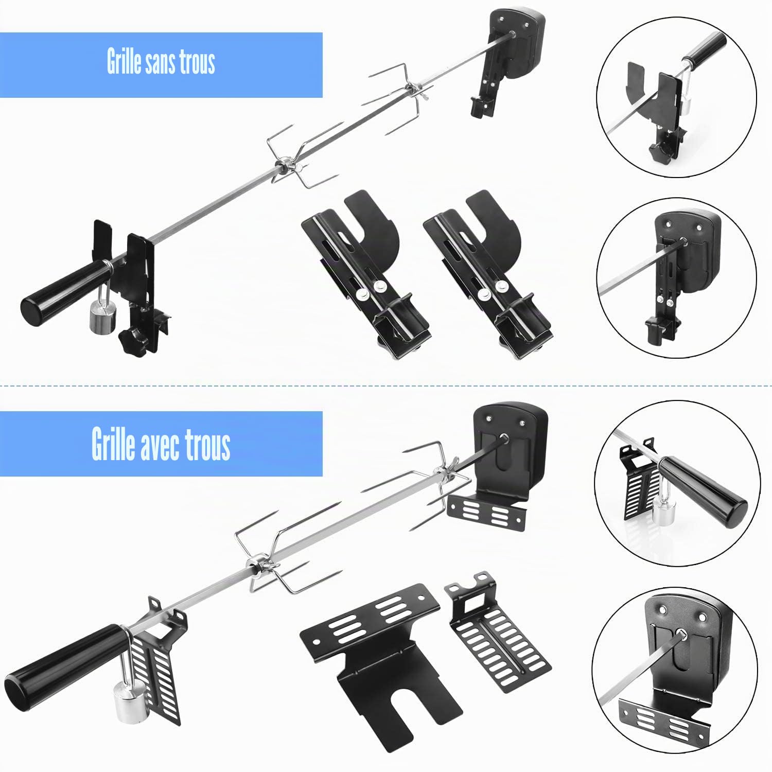 Tourne Broche Electronique avec 2 Pince à Viande, Moteur, Alimenté par USB et Adaptateur, Kit de Rôtisserie pour Grils à Gaz, Chariots de Barbecue, Longueur Ajustable 69-137cm