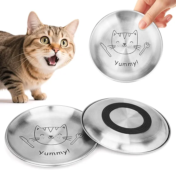 Petdream 4 Pcs Cat Bowl Stainless Steel Dish - Whisker Friendly Shallow Cat Food Plate with Anti-Slip Base - Easy Clean Feeding Bowls for Indoor Cats, Wet Food (Patterns,Yummy)