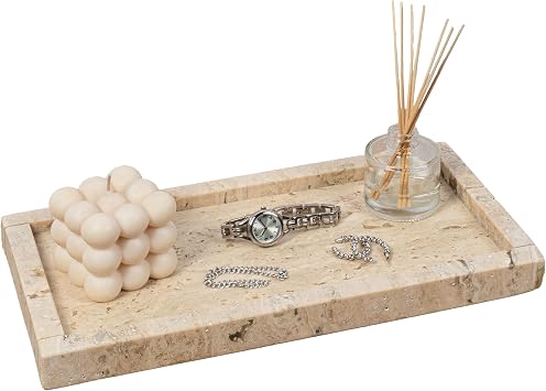 happimess Luxe Stone Rectangular Bathroom Tray 12" x 6", Travertine Marble