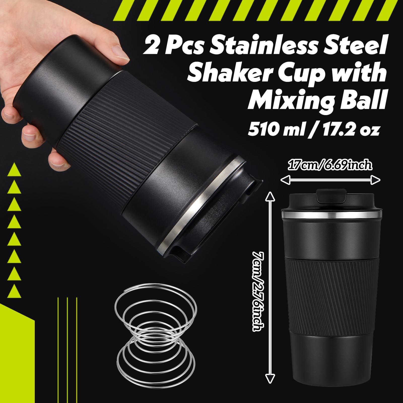 Maxdot 2 vasos mezcladores de acero inoxidable con bola mezcladora, 17 onzas, botella de agua aislada de metal negro para mezclas de proteínas para entrenamiento