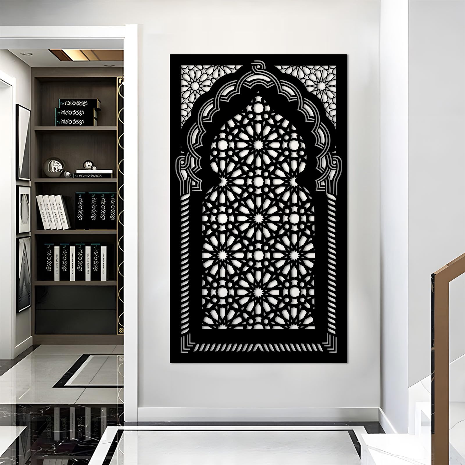 Schwarzes Mihrab-Motiv aus Metall, islamisches florales Wanddekor aus Metall, Gebetsraum-Kunstwerk zur Dekoration von Wohnzimmer, Schlafzimmer, Flur und Treppenhaus, Natur-Wohndeko (Schwarz,