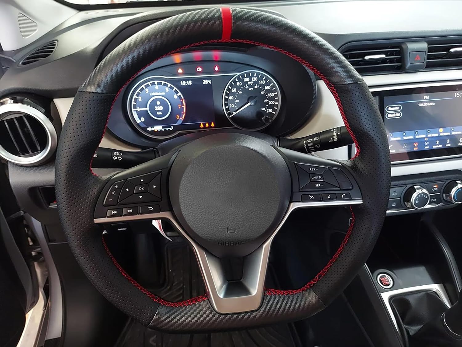 Black Genuine Leather Carbon Fiber Steering Wheel Cover for Nissan Altima 2019-2024/ Rogue 2017-2020/ Rogue Sport 2017-2022/ Kicks Leaf 2018-2024 /Sentra Versa 2020-2024 Custom OEM Accessories