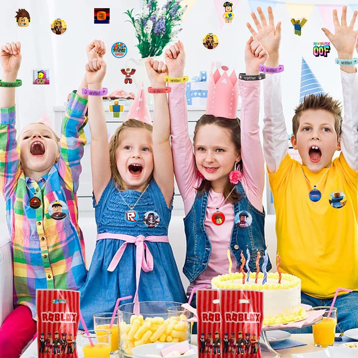 Kit Fête Roblox 78 Pièces - Bracelets, Badges, Sacs, Porte-clés, Autocollants - Cadeau Anniversaire Enfant
