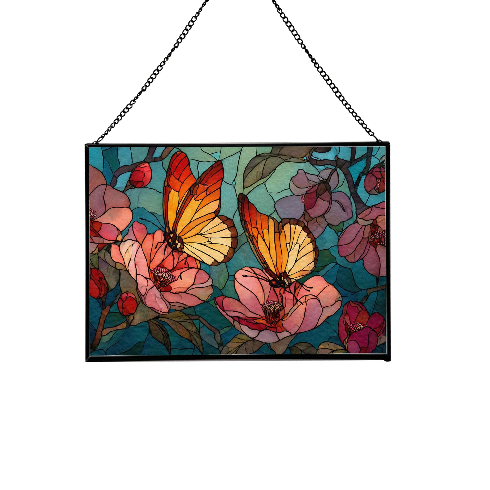 Butterfly Kisses Between Flowers Rectangular Stained Glass Suncatcher – Hanging Window Panel with Animal & Nature Scene – Vibrant Glass Art Gift for Wildlife, Fantasy, Nature Lovers oGIyqp