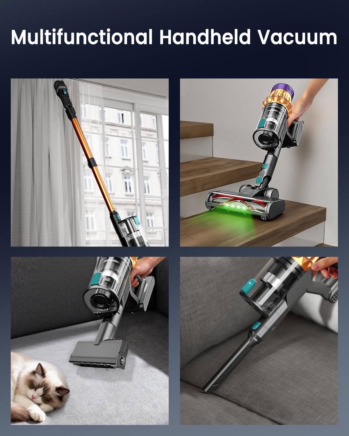 Cordless Vacuum Cleaner 650W 55KPA 60 Mins Vacuum Cleaners for Home, Powerful Stick Vacuum Green Light Anti-Tangle & Sofa Brush, Rechargeable Wireless Vacuum for Pet Hair/Carpet/Hardwood Floor, Gold | cordless stick, handheld, lightweight, rechargeable, anti allergy, anti tangle