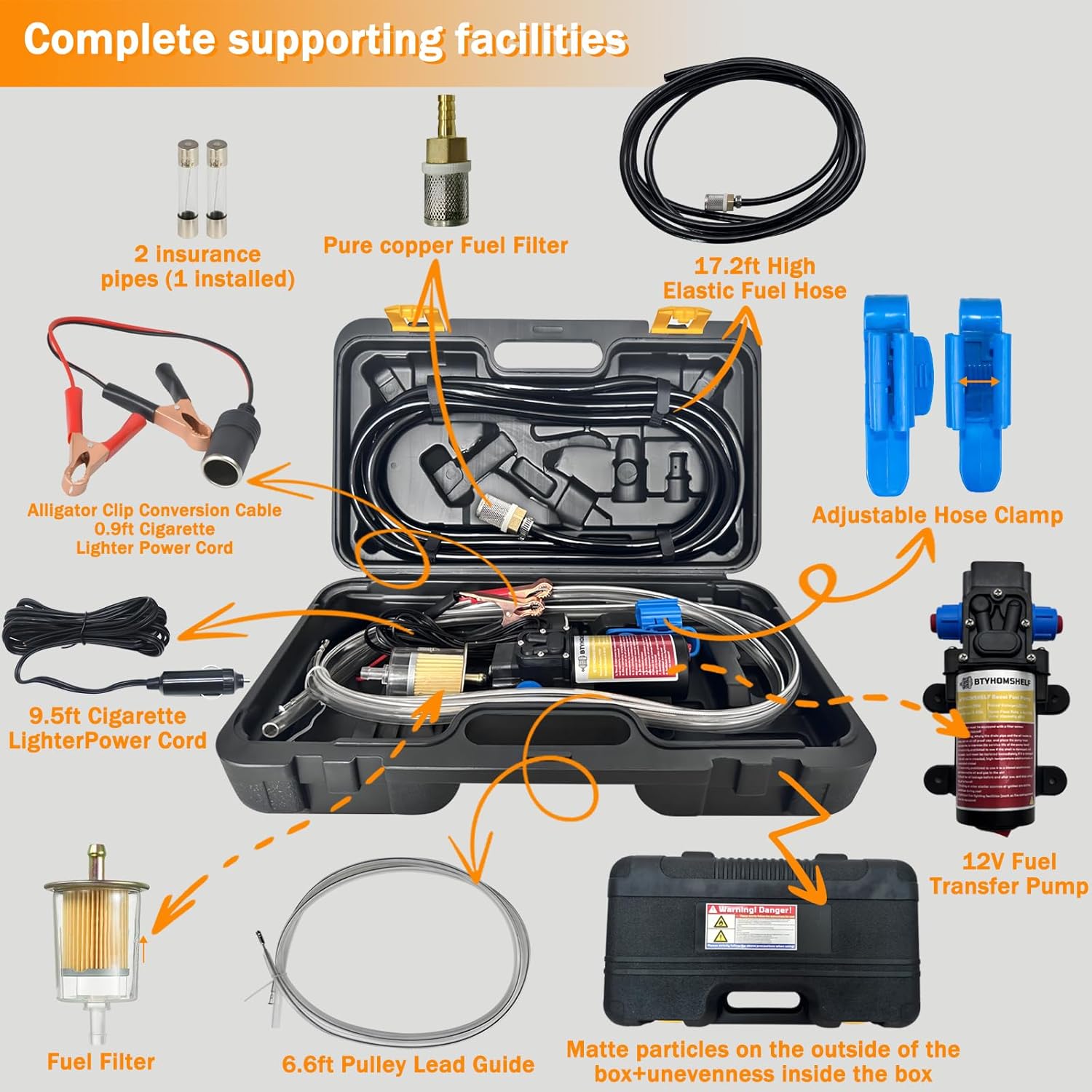 12v Fuel Transfer Pump Set,Gasoline Transfer Pump Moves 85 Gallons of Gas or Diesel Per Hour, Electric Fuel Pump with 70W DC Motor &Patented Pulley Lead Pipe For Car,Boats,Utv,Equipment