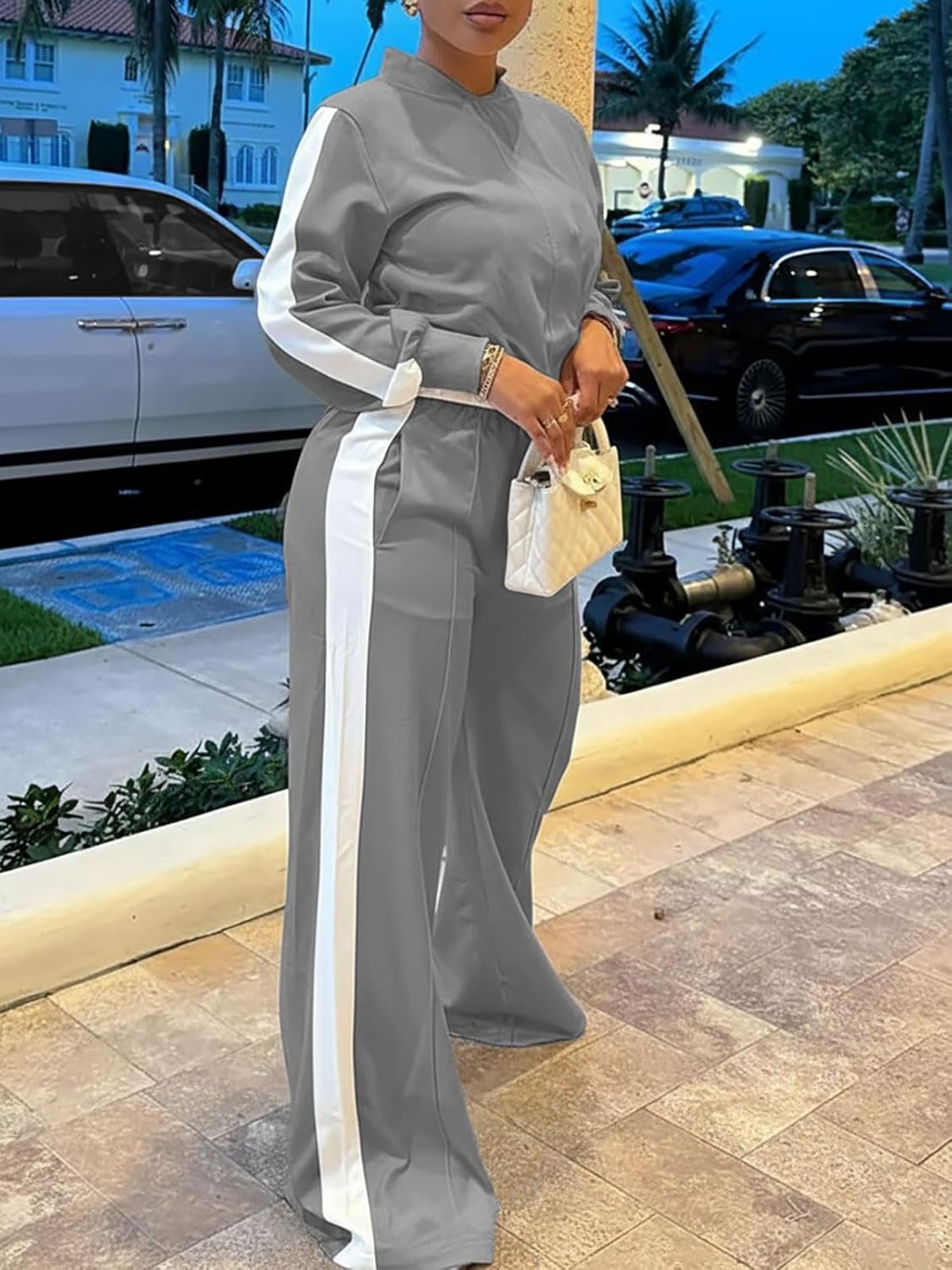 Akmipoem Track Suits for Women Set 2 Piece Outfits Color Block Zip Up Jacket Wide Leg Pants Casual Sweatsuit Airport Travel - Image 8