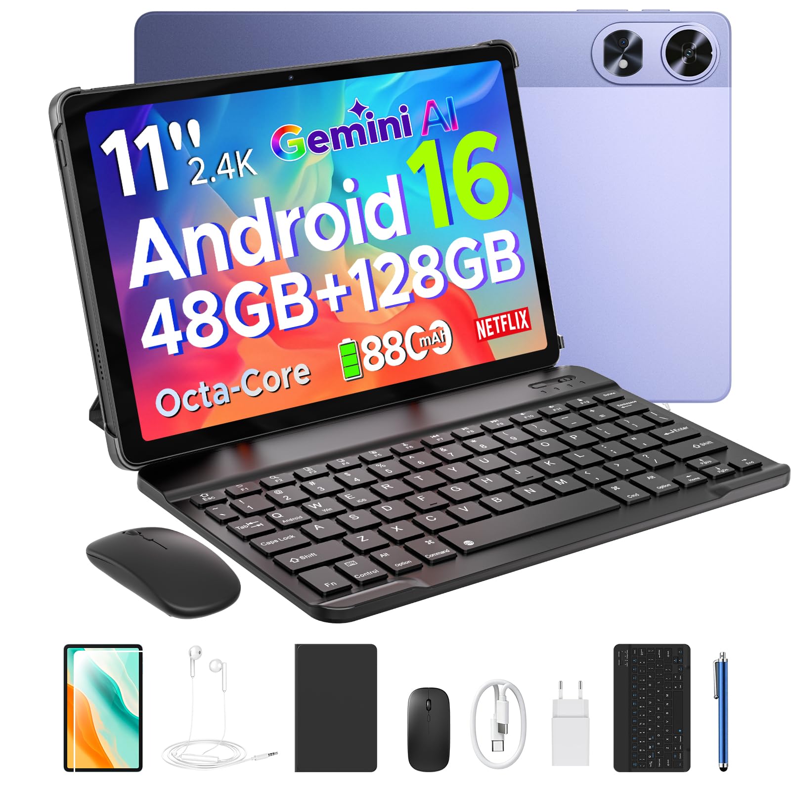 P11 Pro Tablet 11 Pulgadas with Android 16 & Gemini AI, 48GB RAM+128GB ROM/2TB, 8800mAh/18W, Octa-Core T7250, 90Hz, 5MP+13MP, 3.5mm Jack, GPS, Face ID,OTG,5G WiFi, Tablet con Teclado y Lapiz, Morado