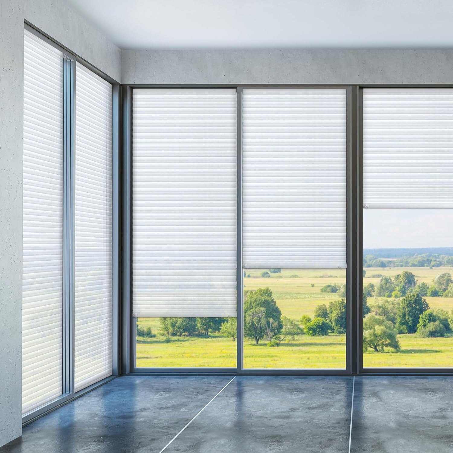 Threehoney 2-Pack 35x110 Inch No-Drill Cut-to-Size Pleated Fabric Shades - Temporary Adhesive Privacy Blinds for Sliding Doors, French Doors, Windows