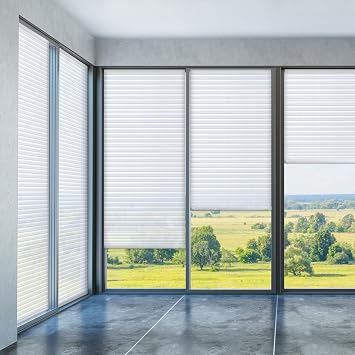 Threehoney 2 Pcs 35 x 110 Inches Temporary Blinds No Tools Cut to Size Fabric Paper Shades Adhesive Privacy Blinds for French Door Sliding Door Window Light Filtering Pleated Shades