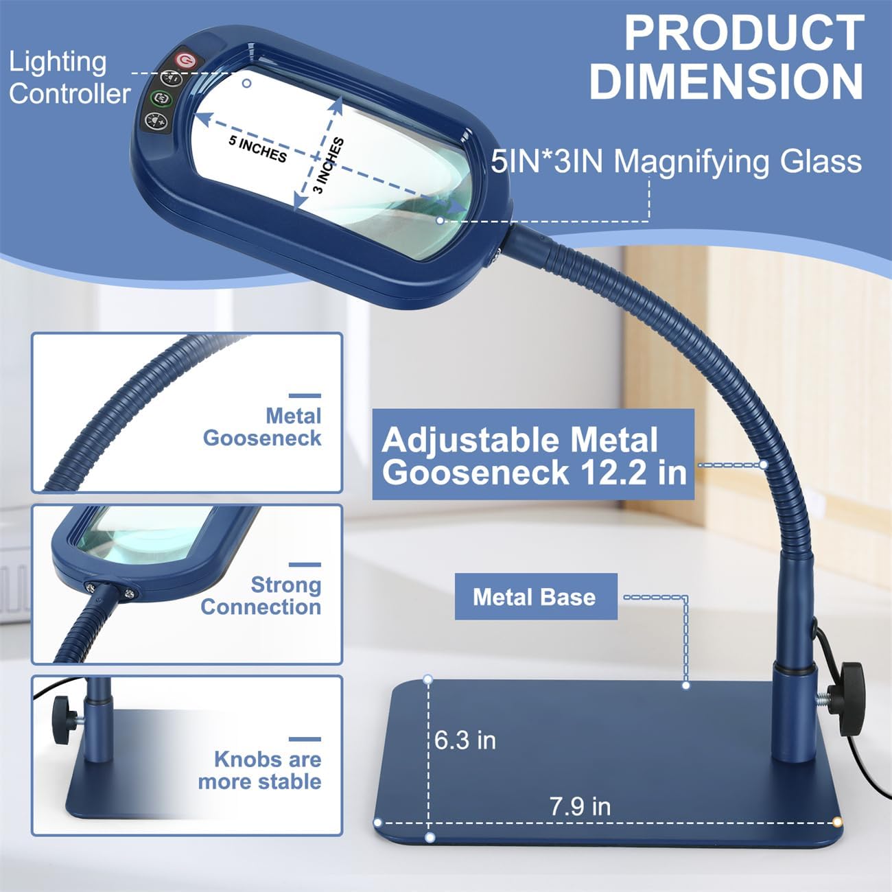 Veemagni 10X Rectangle Magnifying Glass with Light and Stand, Flexible Gooseneck LED Lighted Desk Lamp, 5 Color Modes Stepless Dimmable, Hands Free Magnifier for Reading Painting Close Work - Blue