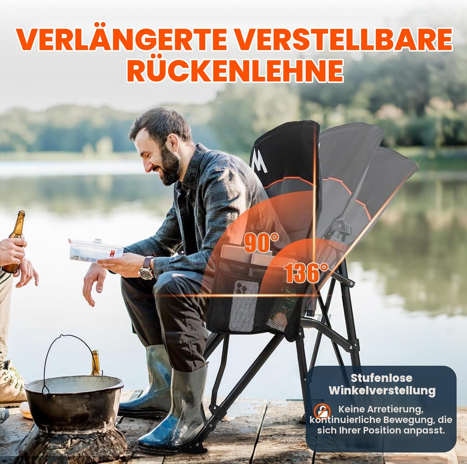 OVERMONT Campingstuhl Hochlehner Faltbar mit Kopfstütze - Klappstuhl Tragbar bis 226 KG - Gartenstuhl Klappbar mit Gepolstert Armlehnen - für Outdoor Wandern Picknick