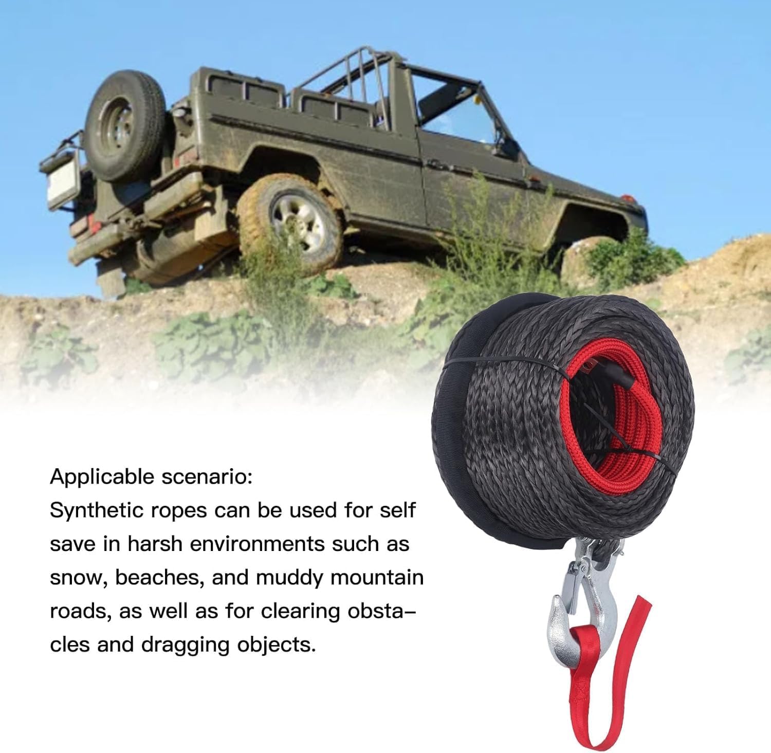 Synthetic Winch Rope 10mm x 30m, 12-Strand Woven Rope with Alloy Steel Hook, 18740 lbs Capacity, Towing Rope for Winches, Off-Road Recovery
