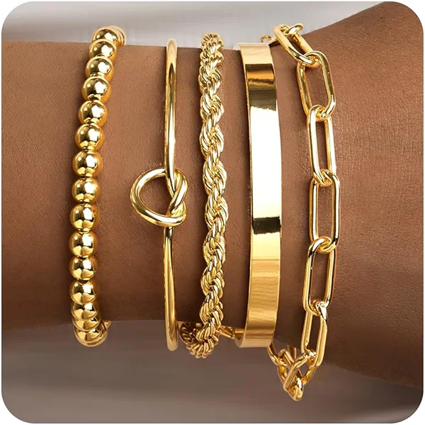 Gokeey Gold Bracelets for Women Non Tarnish, 14K Gold Plated Chunky Cuff Bracelet Gold Bangles Bracelet for Women Trendy Tie Knot Cuban Rope Paperclip Beaded Bracelet Stack Jewelry Gifts