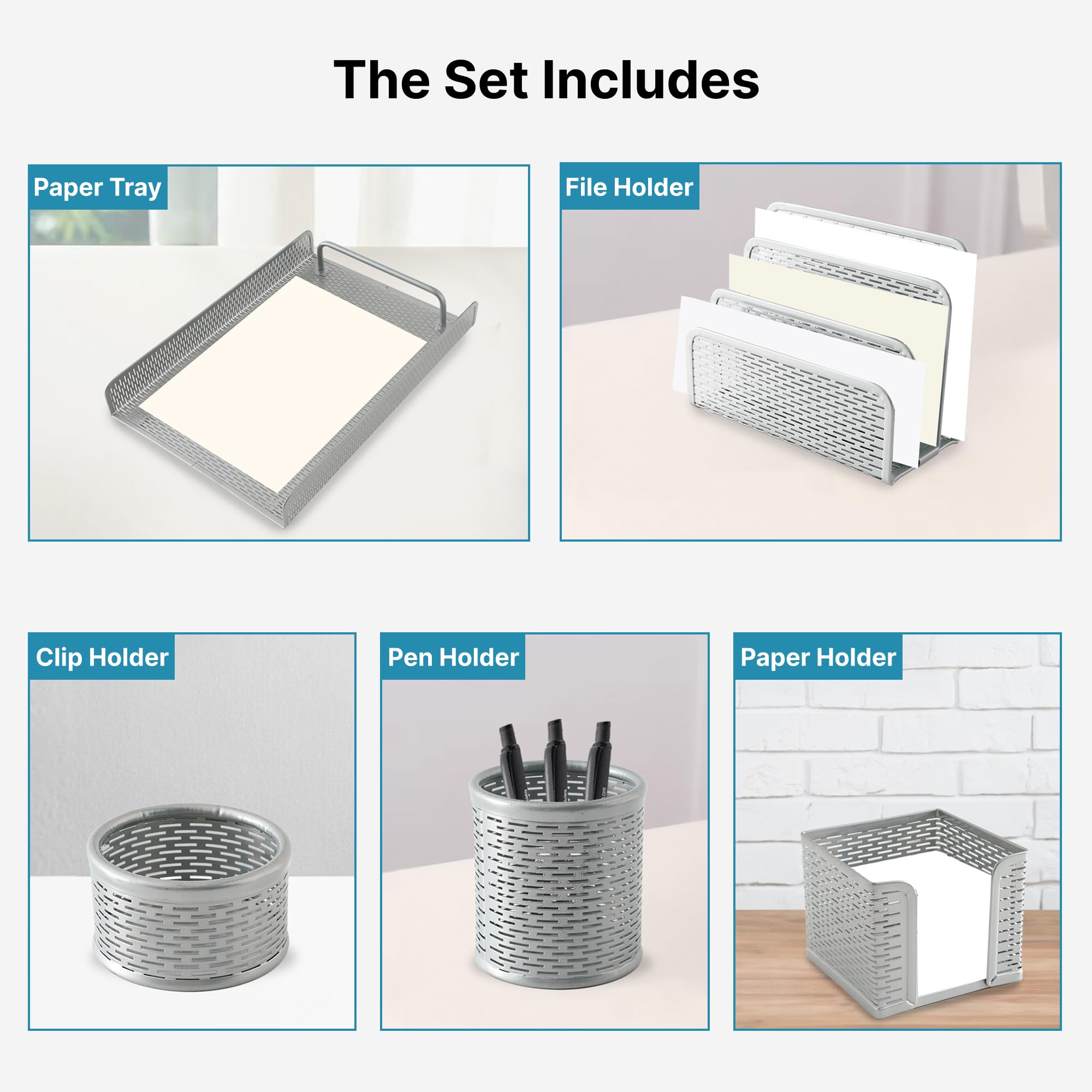 The Better Home Set of 5 Drawer Organisers | Metal Mesh Design | Multipurpose Desk Organizer for Office Supplies | Pen Pencil Brush & Clip Holder | Powder Coated | Silver 1