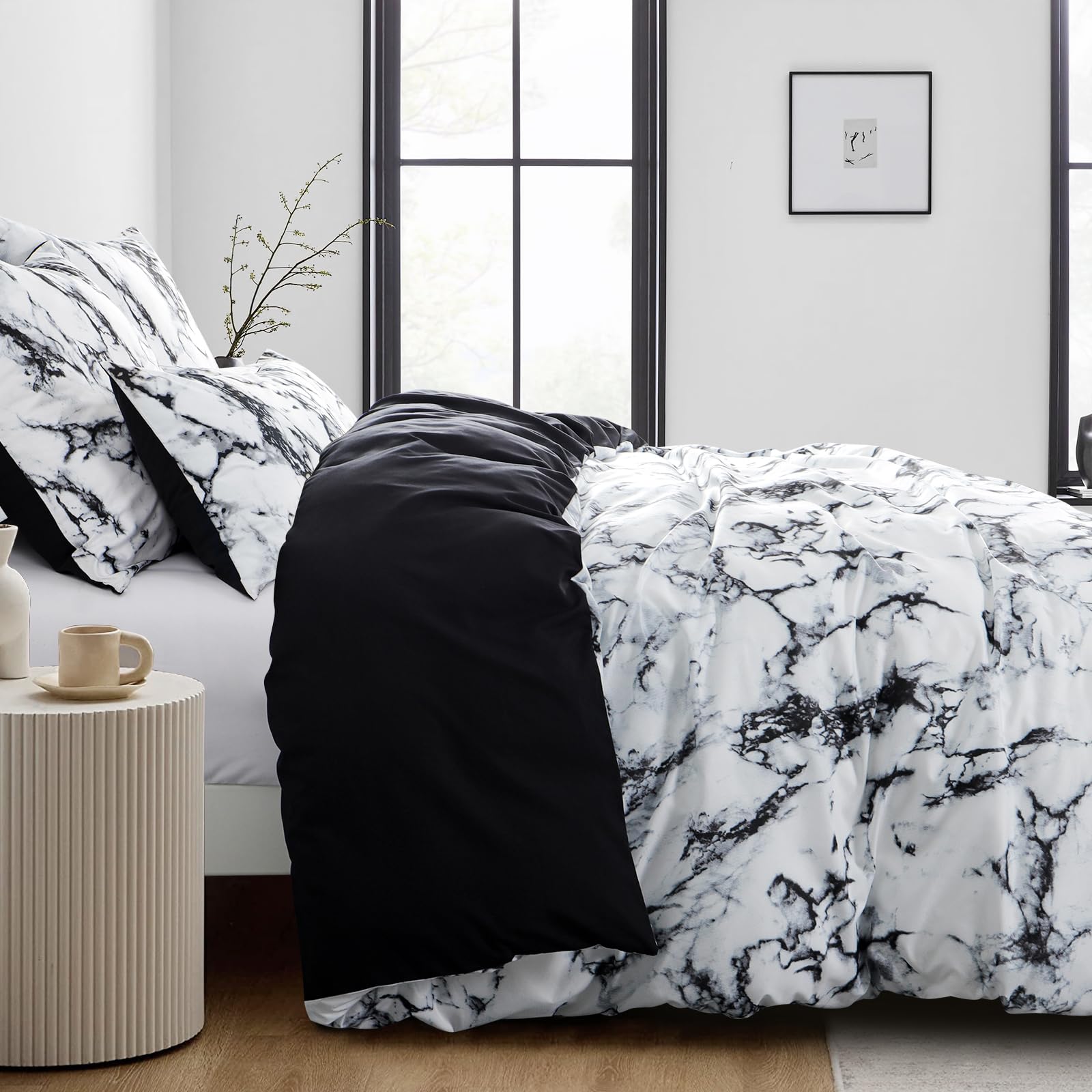 Aisbo Double Bedding Duvet Cover Sets, 3 Pieces Marble Bedding Set Black and White - Image 3
