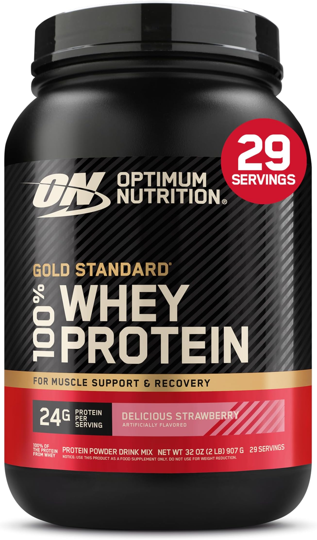 (ON) Gold Standard 100% Whey Protein Powder Primary Source Isolate, 24 Grams of Protein for Muscle Support and Recovery - Delicious Strawberry, 2 Lbs, 29 Servings (907 Grams)