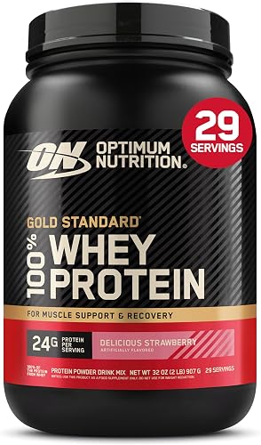 Optimum Nutrition Gold Standard 100% Delicious Strawberry Flavour Whey Muscle Building and Recovery Protein Powder 900 g