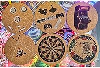 Vista 8 de Juego de 6 posavasos de corcho de 4 pulgadas, tablero de dardos retro, pinball, tarjetas y fichas, billar, controlador de juego Evolution y diseños
