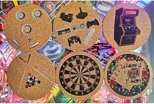 Miniatura 8 de Juego de 6 posavasos de corcho de 4 pulgadas, tablero de dardos retro, pinball, tarjetas y fichas, billar, controlador de juego Evolution y diseños
