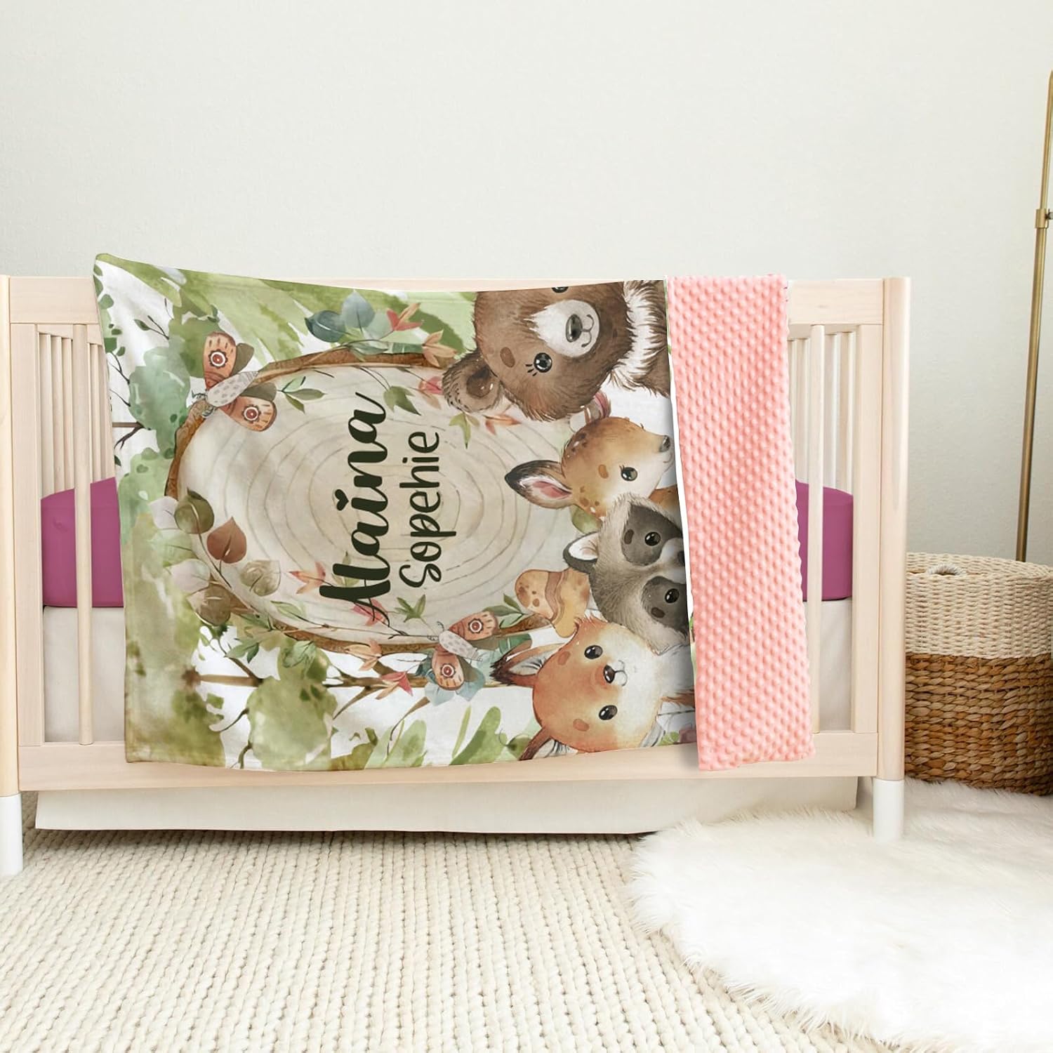 Custom Baby Blanket - Personalized Name with Woodland Animals Design - Soft Plush Blanket with Double Layer Dotted Backing for Boys Girls Gift Color09