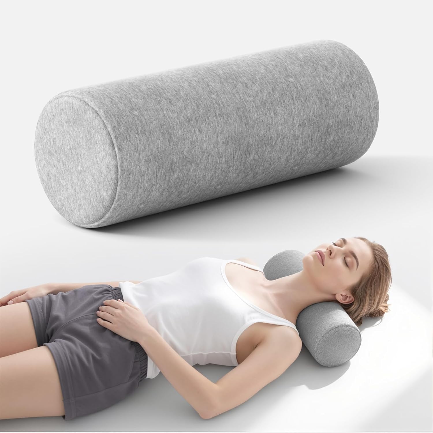 Neck Roll Pillow for Neck Pain Relief - Memory Foam Neck Support Pillow for Bed, Cylinder Pillows, Round Neck Pillow for Sleeping, 15.7 * 5 * 5 inch (Grey)