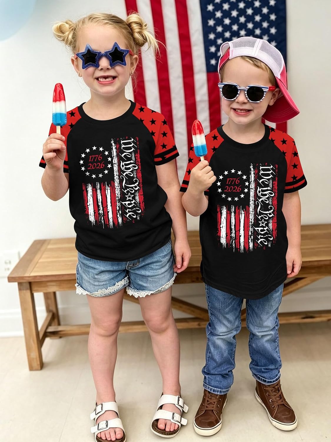 Kids 4th of July Shirt Girls American Flag USA Tshirt 4-12 Years | Independence Day Outfit,Patriotic Graphic Tees,Raglan Sleeve,Boys,Children