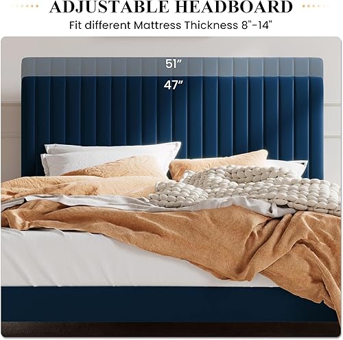 Miniatura 5 de SHA CERLIN - Base de cama con plataforma tapizada y cabecera ajustable de tela de terciopelo con capitoné de canal vertical, king, soporte de lamas