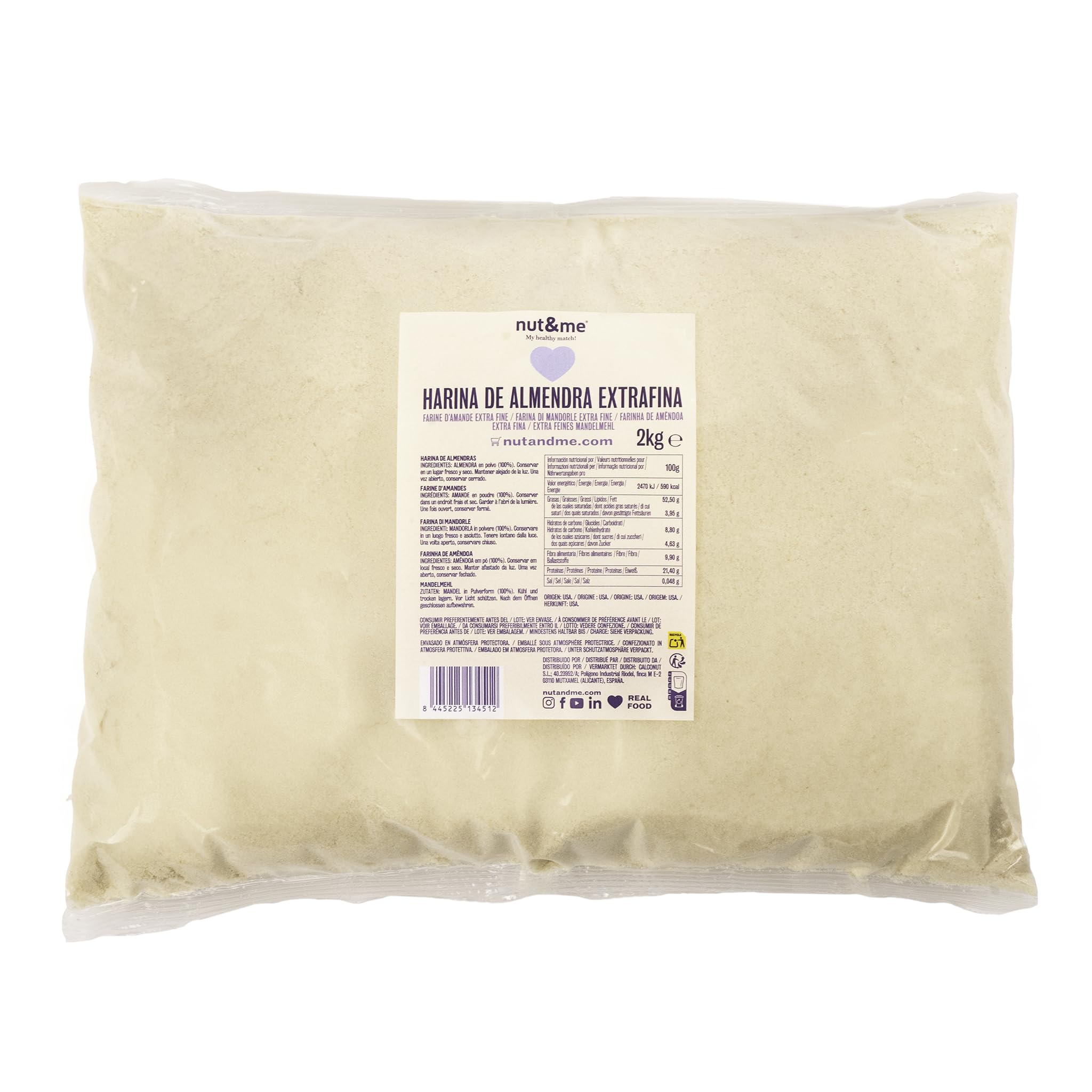Harina de almendra 2 KG nut&me | 100% almendra | Extrafina | Sin Gluten | Keto | Repostería | Sin azúcar| Sin conservantes ni aditivos | Alto en proteínas |