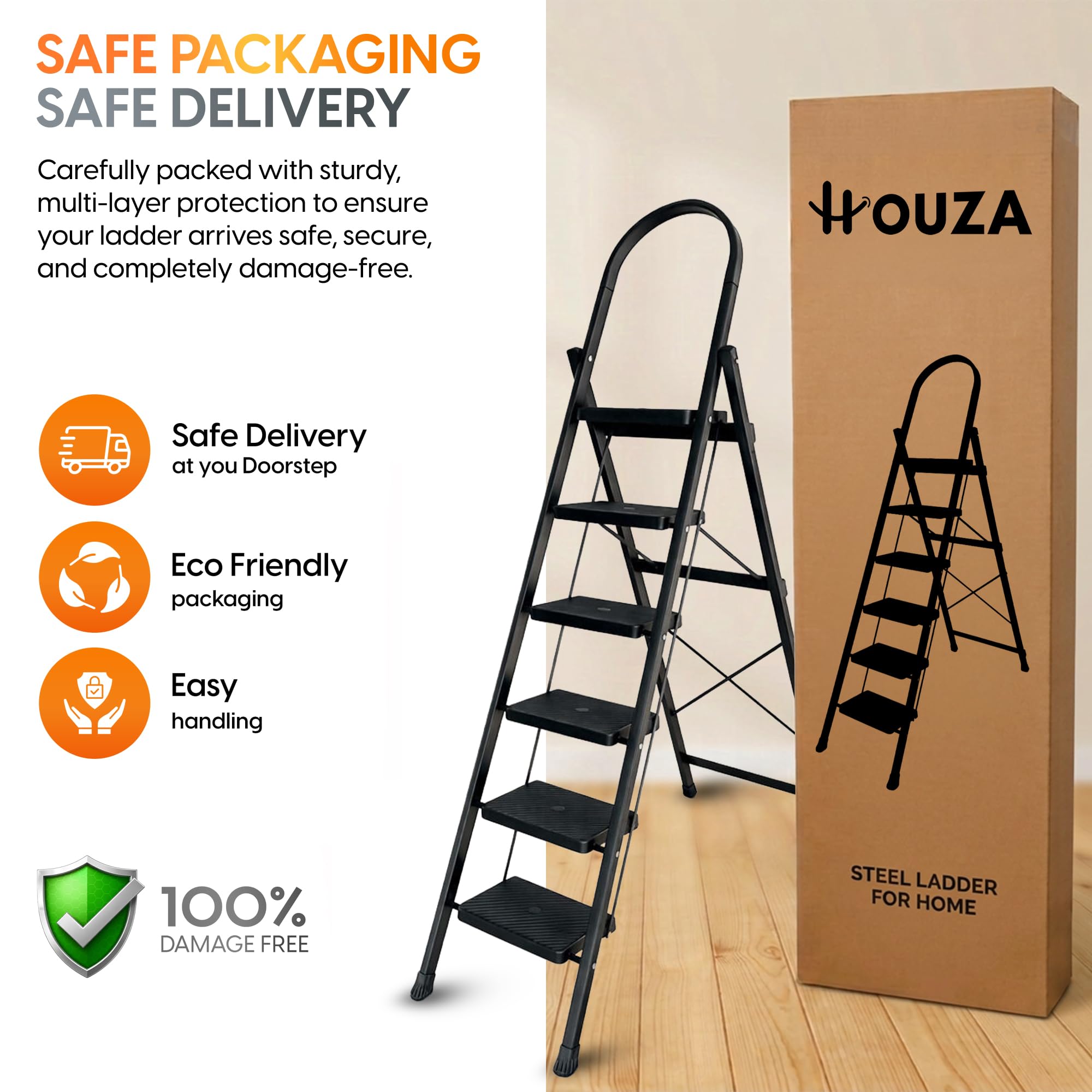 HOUZA Steel Ladder for Home 6 Steps Foldable with Anti-Skid Wide Steps (30cm x 20cm) | 6 Step Ladder for Home Use with D-Shape Rods | Secure Lock | 150 Kg Capacity Folding Ladder | 5 Year Warranty — Amazon image 4