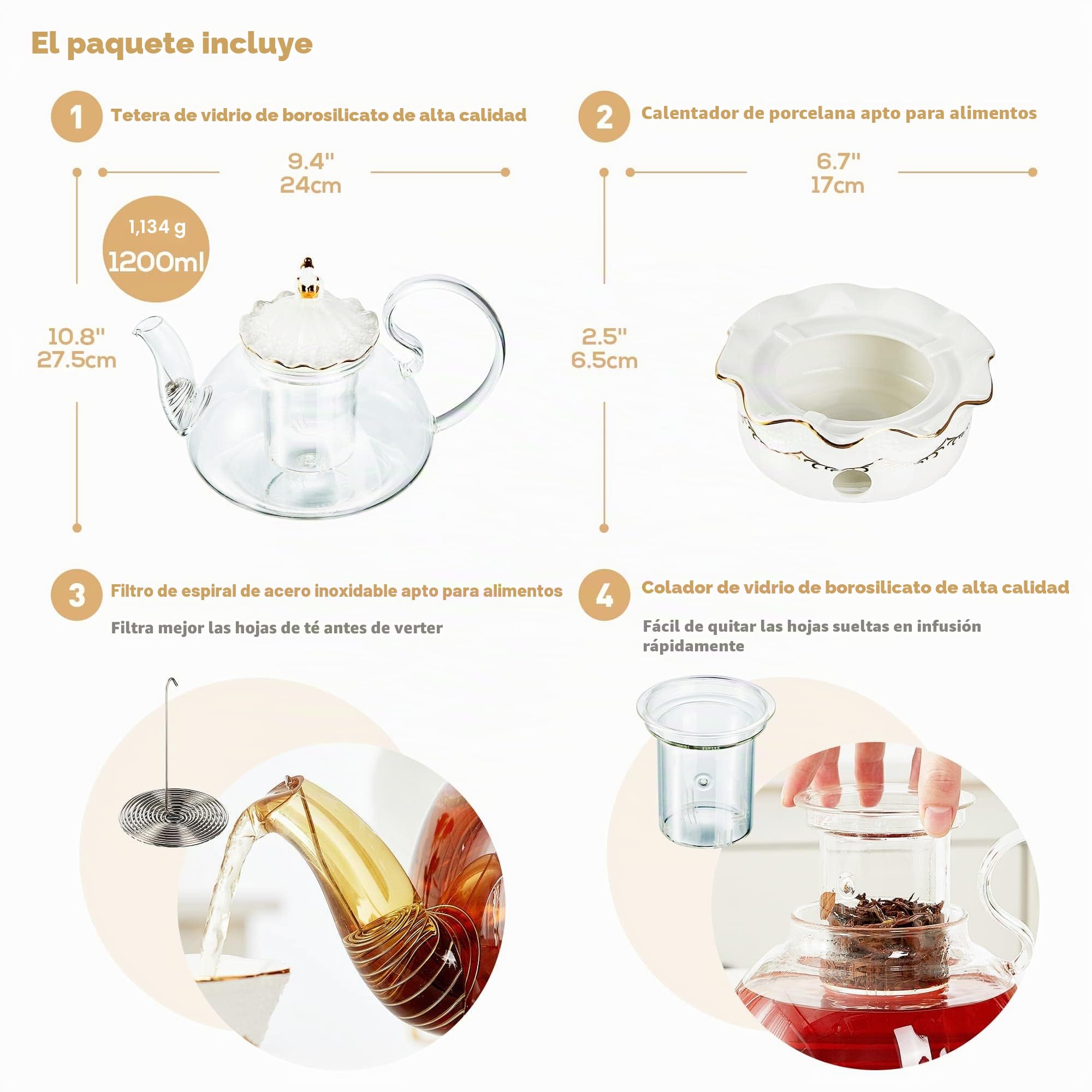 DUJUST Tetera Cristal de 1200ml con Calentador, Diseño de Lujo con Decoración en Relieve y Adornos Dorados, Tetera Transparente Artesanal con Infusor, Regalo y Decoración Seguro para la Estufa