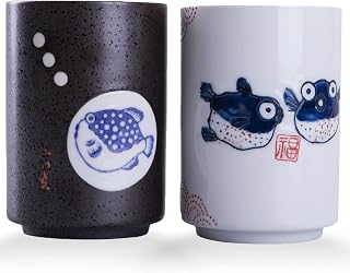 WHJY 10oz Transitional Chinese/Japanese style Handle-less Ceramic Tea cups teacup, Puffer Pattern Set of 2