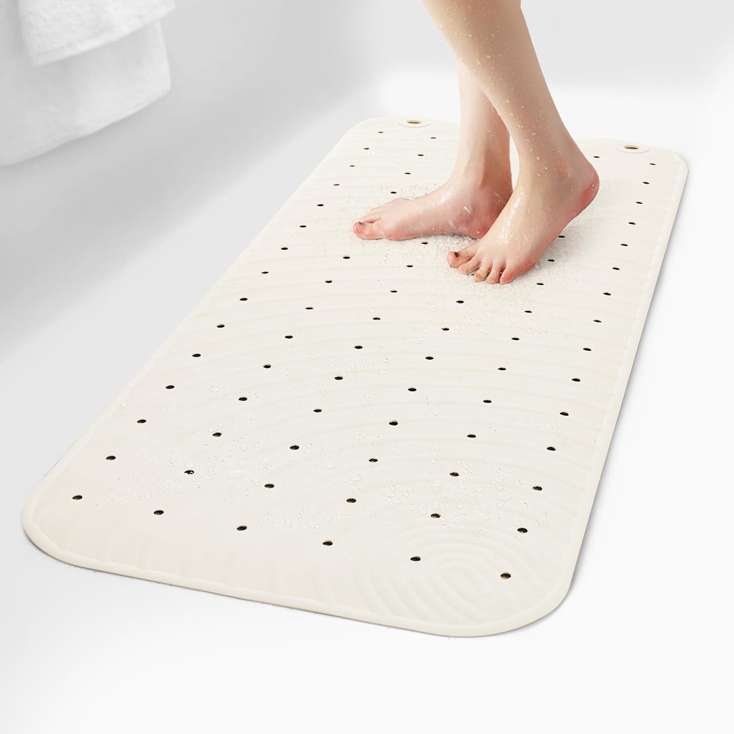 Extra Long Rubber Bathtub Mat, Non-Slip Shower Tub Mat, 39x16 Inch, Bath Tub Floor Mat with Suction Cups and Drainage Holes, Ivory White