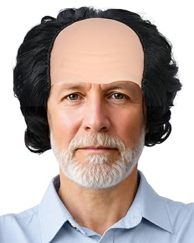 ANOGOL Hair Cap + Black Old Man Wig Short Curly Wig Grandpa Cosplay Wig Balding Wig for Adults 100 Days of School Costume Black Scientist Short Synthetic Hair for Cosplay Costume Halloween Party