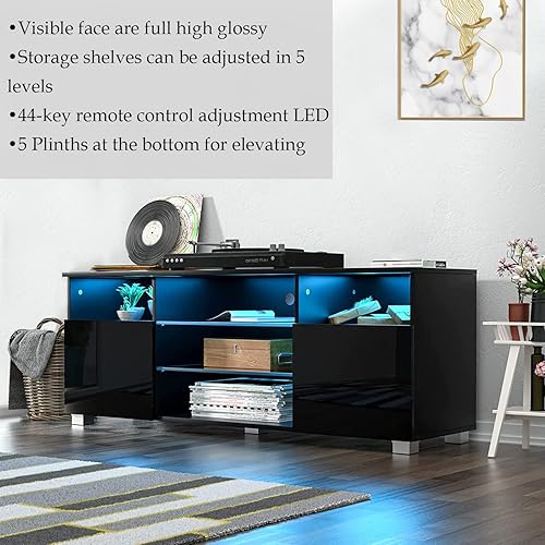 Miniatura 5 de Soporte de TV negro LED de alto brillo para TV de 556065 pulgadas, moderno centro de entretenimiento LED con estantes de almacenamiento ajustables,