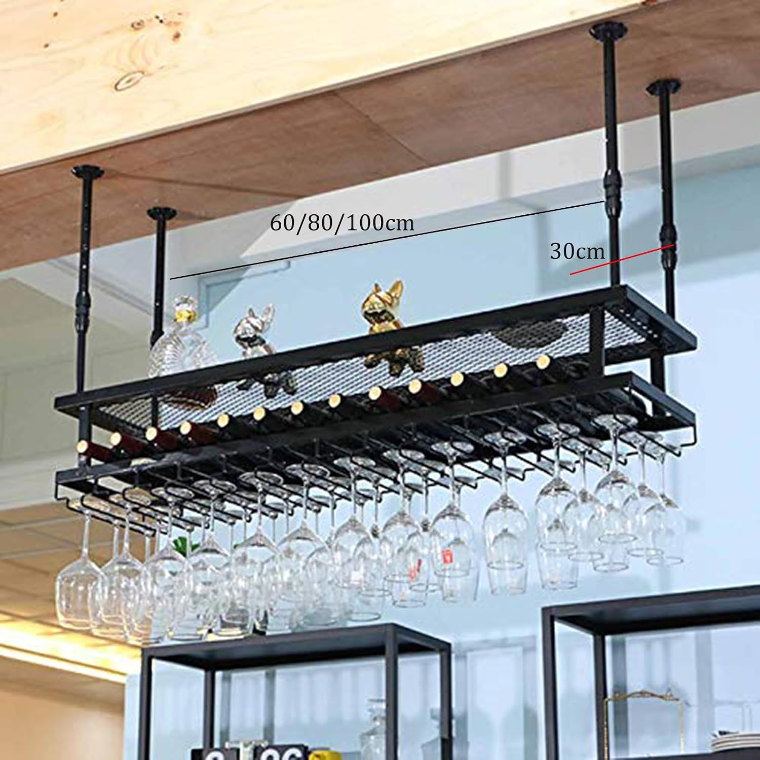 Hanging Wine Glass Holder - Ceiling Wine Rack Display Stand, Adjustable Hanging Shelf, Wall-Mounted Storage Rack, Ceiling Floating Shelf/Plant Stand/Display Stand(100 * 30cm)