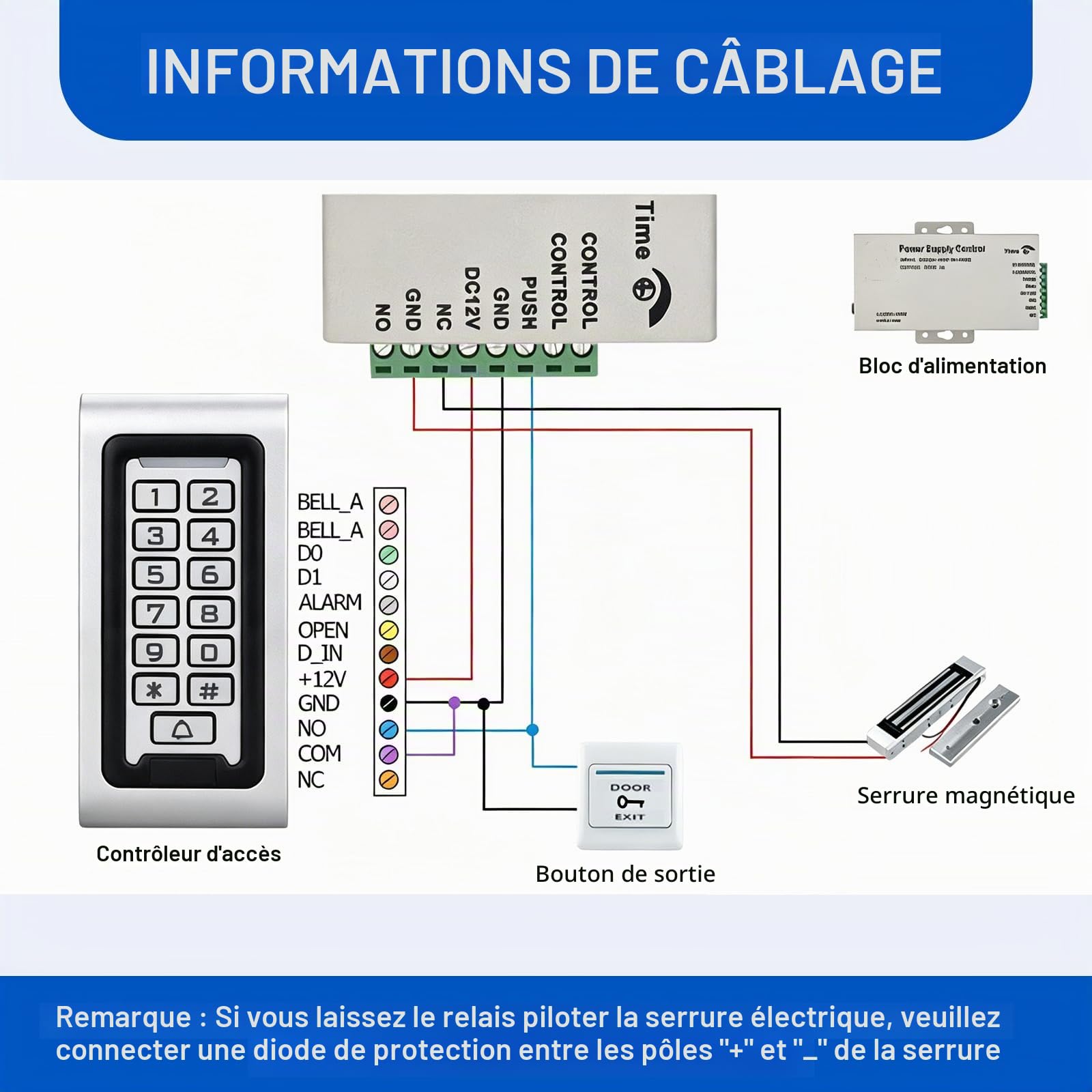 Kit de système de contrôle d'accès tout-en-un, clavier en métal étanche IP68, serrure magnétique de 158,8 kg, alimentation 12 V 3 A, bouton de sortie et 10 porte-clés RFID pour bureau